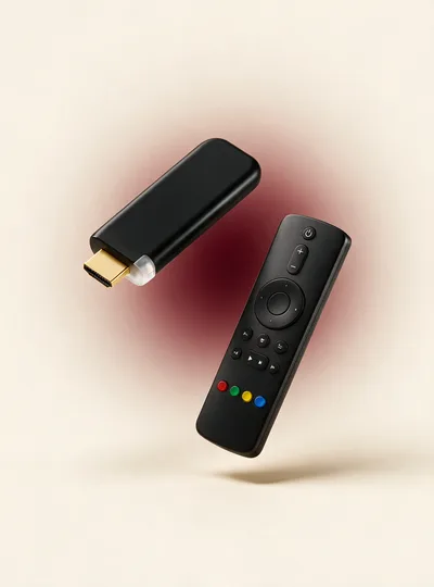 Black streaming stick and its slim remote photographed against a soft cream background