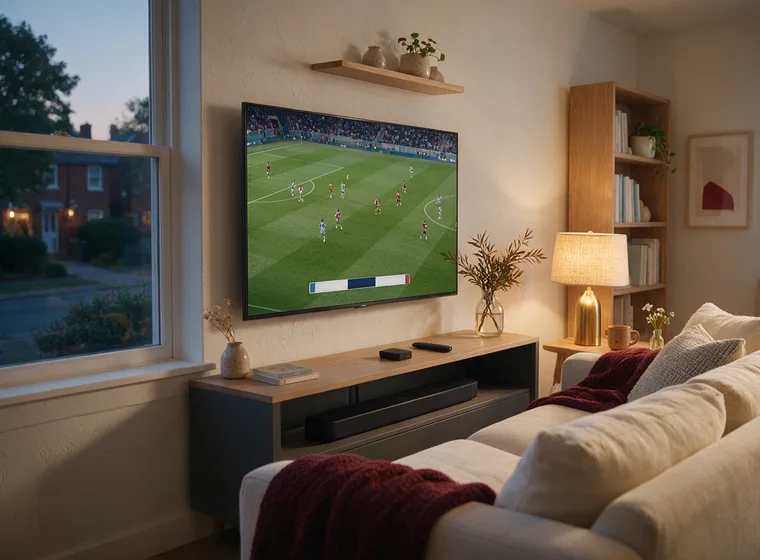 Wall-mounted 4K television in a lamp-lit living room showing a live football match, with a channel strip along the lower edge