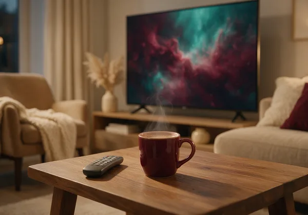 Living room coffee table with a remote and mug, a television glowing softly out of focus behind them