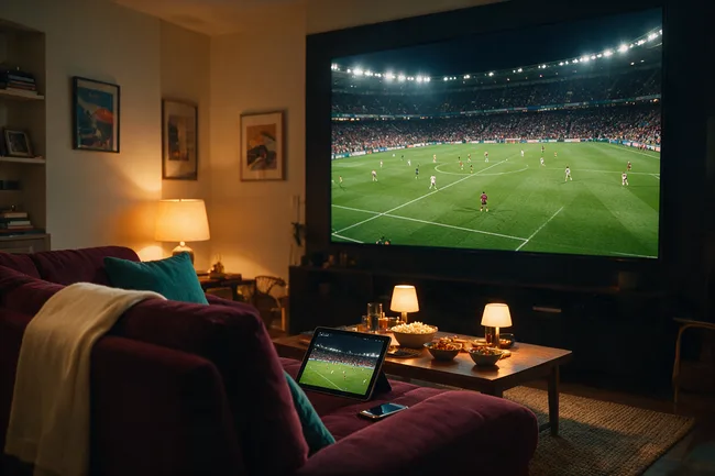 Living room with a floodlit stadium match on the television, the same game on a tablet on the sofa arm and a phone on the cushion